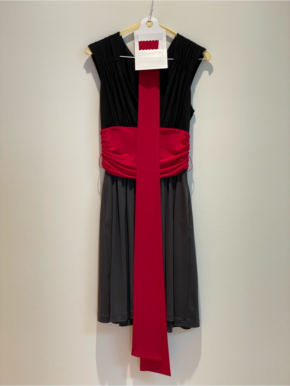 BCBG Black and Charcoal Midi Dress with Red Sash - Picture 5 of 5